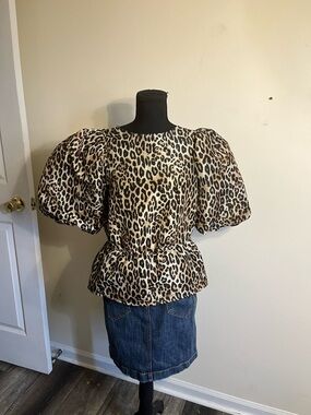 H&M Leopard Print Puff Sleeve Peplum Top - Beige/Black